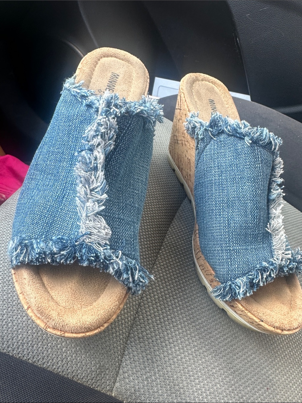 Minnetonka Blue Denim Fringe Slide Mules